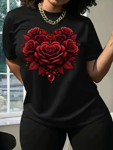 Women'S Floral Rose Heart Print T-Shirt