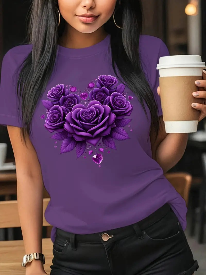 Women'S Floral Rose Heart Print T-Shirt